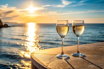 Minimalist Photography of Cold Sparkling Cava in Coupe Glasses Against a Stunning Sunset by the Seaside