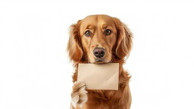 golden retriever dog holding a letter, white background, smart dog