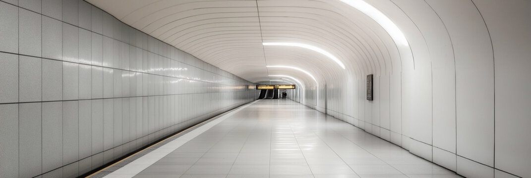 A clean and well-lit subway tunnel with smooth white tiled walls and a gentle curve, creating a futuristic and minimalist atmosphere with sleek design elements.