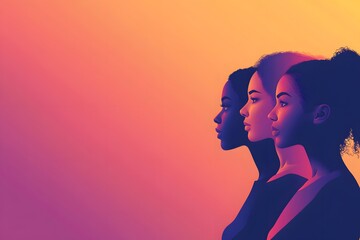 Naklejka premium Abstract Silhouette Profiles of Women in Vibrant Gradient with Flowing Lines and Warm Colors