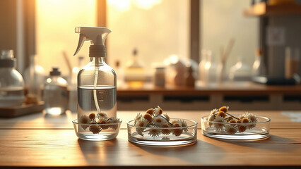 Spray bottle and chamomile flowers in petri dishes on wooden surface, flower oil, holistic skincare