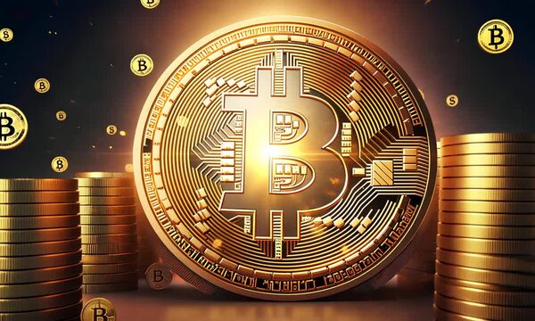 Bitcoin cryptocurrency on a black background. Bitcoin gold coin.