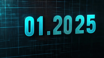 Futuristic Digital Calendar Date Display of January 2025 in Neon Blue Light