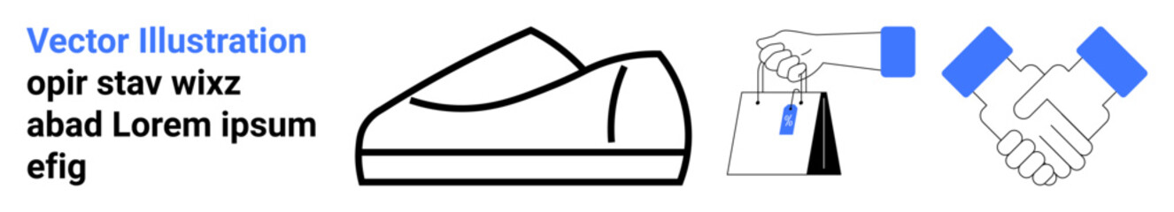 Fashionable shoe with sleek design, shopping bag with a tag, and a handshake. Ideal for retail, shopping, fashion, business partnerships, ecommerce, marketing, branding. Landing page
