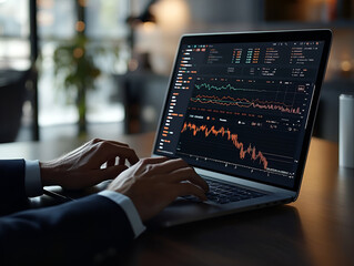 businessman executive wearing suit using laptop computer working on investment project sitting at office desk.
