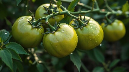 Green tomatoes ripening on the vine with dew drops glistening in the morning light, vegetables, summer harvest, green tomatoes