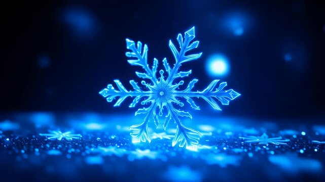 Blue glowing neon snowflake close-up