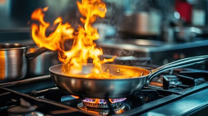 A pan on a stove with flames, indicating cooking or flambé technique.