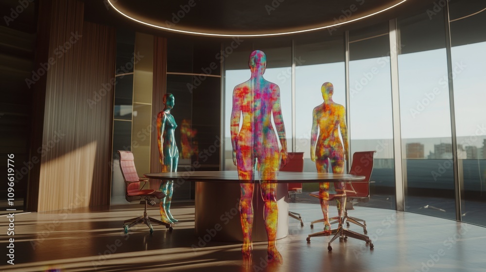 Poster abstract figures in multicolored patterns brainstorming around a round table in a sleek, modern offi