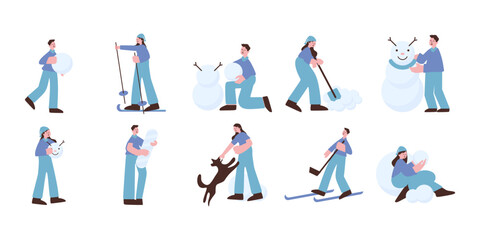 Snow play activities flat illustration set. Includes of ski adventures, snowboarding fun, and snowman building. Vector illustration isolated transparent background
