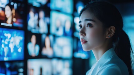 Thoughtful Woman in Front of Digital Screens for News Background