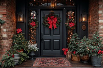 Christmas decorations on the front door of a house with a black wooden closed entrance framed by lush greenery and Christmas trees, red bow, and a lantern light on a cozy home decorated for a New Year