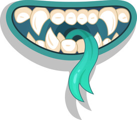 Cartoon illustration of a scary monster mouth with sharp teeth and a long green tongue hanging out, ideal for halloween or fantasy projects