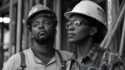 Fototapeta premium A black and white image of two construction workers, focused and determined on a job site.