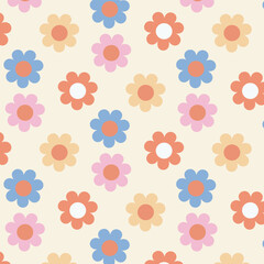 Abstract seamless patterns with vintage groovy daisy flowers. Retro floral vector background surface design, textile, stationery, wrapping paper, covers. 60s, 70s, 80s style