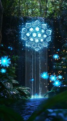 Crypto Blockchain in Nature. Lush Digital Waterfall Garden.