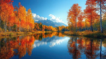 Obraz premium Autumnal Serenity: A Majestic Mountain Lake Reflecting Vibrant Fall Foliage