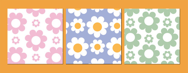 Abstract seamless patterns with vintage groovy daisy flowers. Retro floral vector background surface design, textile, stationery, wrapping paper, covers. 60s, 70s, 80s style