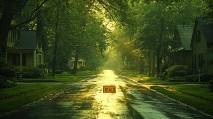 Fototapeta premium Serene Suburban Street After Rain