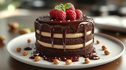 A Stunning Chocolate Cake with Raspberry Toppings and Drizzled Chocolate