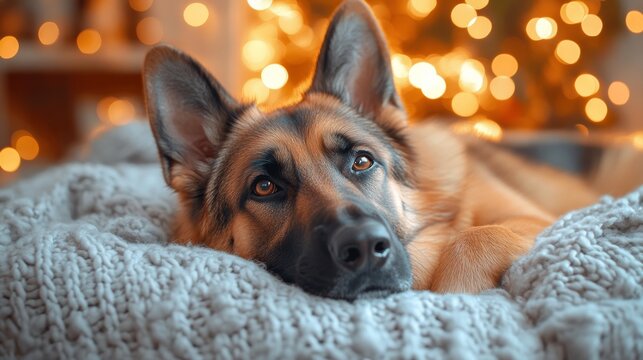 Romantic autumn scene with a german shepherd dog cozy home pet photography warm environment intimate viewpoint embracing nature's beauty