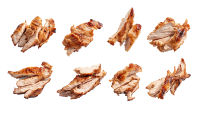 Grilled chicken slices chopped on white background