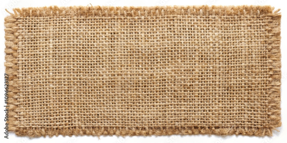 Aufkleber A close-up view of the rough texture of natural brown burlap fabric with frayed edges, showing a woven pattern of natural fibers.