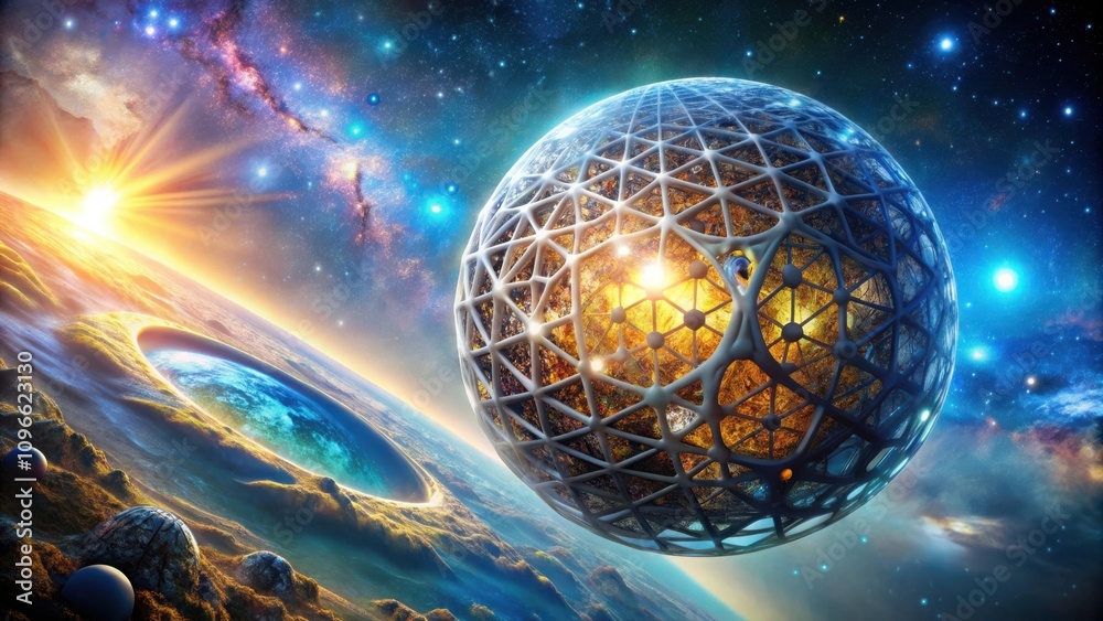 Wall mural a celestial sphere encased in a geometric lattice floats above a planetary surface with a vast crate