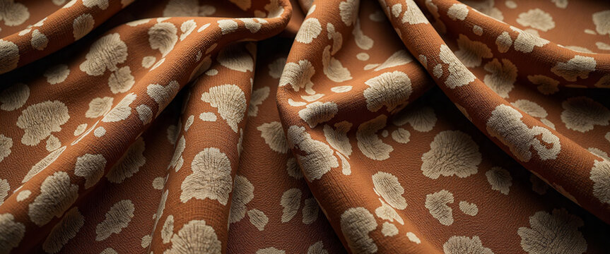 A piece of fabric with a pattern of birds and trees. The fabric is brown and white. The pattern is very detailed and intricate