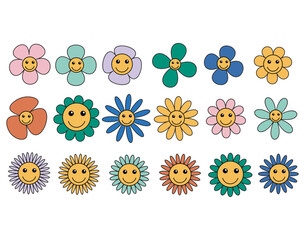 Set of Groovy flower cartoon characters. Funny happy daisy with eyes and smile. Sticker pack in trendy retro trippy style. Isolated vector illustration. Hippie 60s, 70s style.
