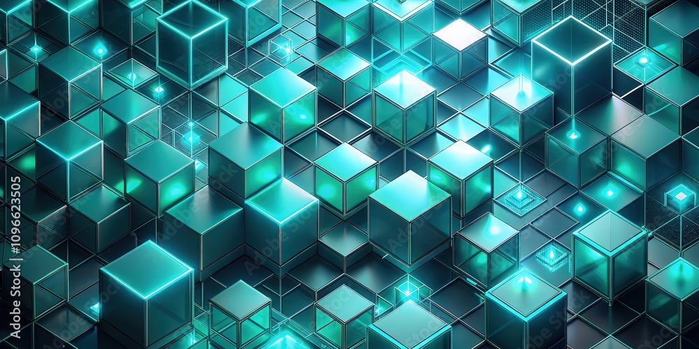 Poster a seamless pattern of interlocking cubes, each glowing with turquoise light, creates a hypnotic visu