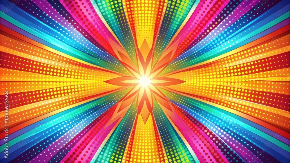 Poster abstract colorful radiating stripes and dotted background with central starburst