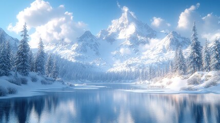 Fototapeta premium Serene Winter Wonderland: Majestic Mountains and Crystal Lake