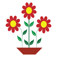 Flower pot icon. Beautiful bouquet of bright flowers isolated on white background. Bright red daisy flowers in a decorative red ceramic pot. Vector illustration.