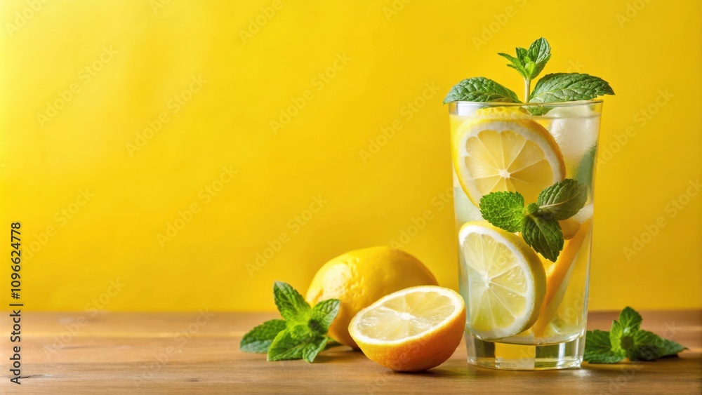 Aufkleber refreshing lemonade with slices of lemon and mint leaves on a wooden surface against a vibrant yello