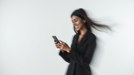 Fototapeta premium Blurred image of a girl holding a phone on a light background, conveying the joy of communication and a smile