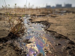 Oil residue shimmering in the sunlight on barren ground.