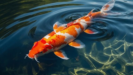 Bright orange and white koi fish swimming in clear pond water with sunlight reflections. Nature and aquatic life concept.