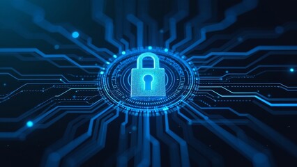 Futuristic digital padlock interface glowing in blue, surrounded by data streams on a dark background