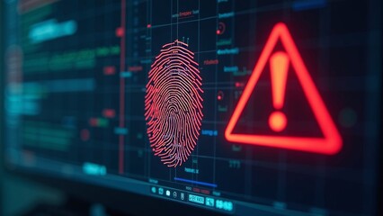 Close-up of digital fingerprint scan with warning symbol on computer screen indicating security breach