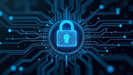 Futuristic digital padlock symbolizing cybersecurity surrounded by glowing data circuits on a black background