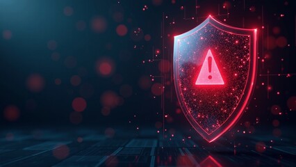 Futuristic holographic shield with red alert icon on dark background, depicting threat detection technology