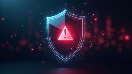 Dynamic holographic shield with red alert symbol, representing digital safety in a dark virtual landscape