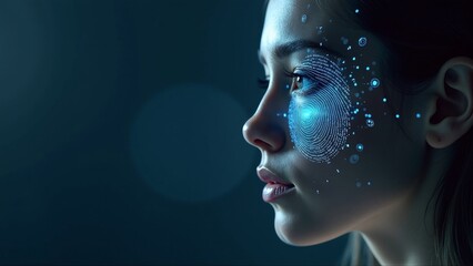 Close-up of a woman with digital fingerprint overlay showcasing advanced facial recognition technology