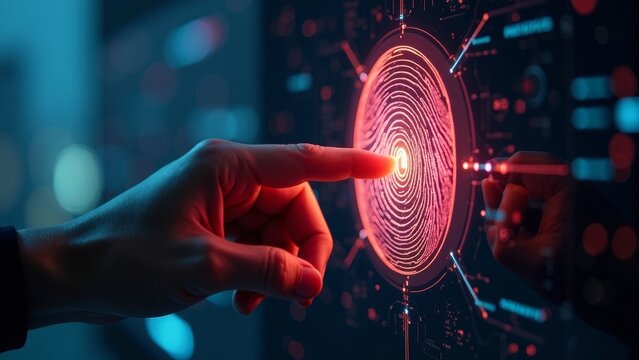 User placing finger on futuristic biometric security scanner in a high-tech environment