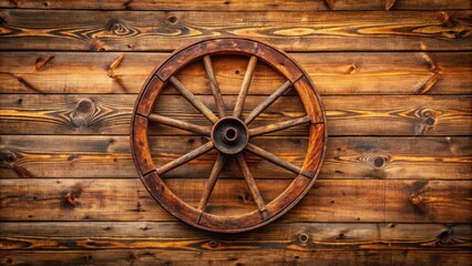 Obraz premium Rustic wooden wagon wheel mounted on a weathered wooden wall, showcasing the timeless craftsmanship and enduring nature of handcrafted objects.