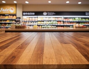 Empty wood table top with supermarket blurred background for product display
