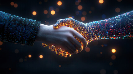 Digital handshake between human and robot symbolizes collaboration and technology. This futuristic image showcases merging of human and artificial intelligence, highlighting innovation and