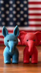 Blue and Red Fabric Elephant Figurines Stand Before Blurred American Flag Background