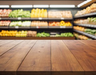 Empty wood table top with supermarket blurred background for product display